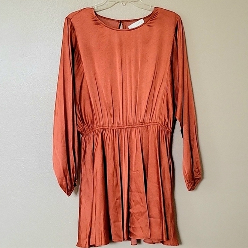 Caballero Anthropologie Orange Rust Boho Long Sleeve Satin Mini Dress - Size M